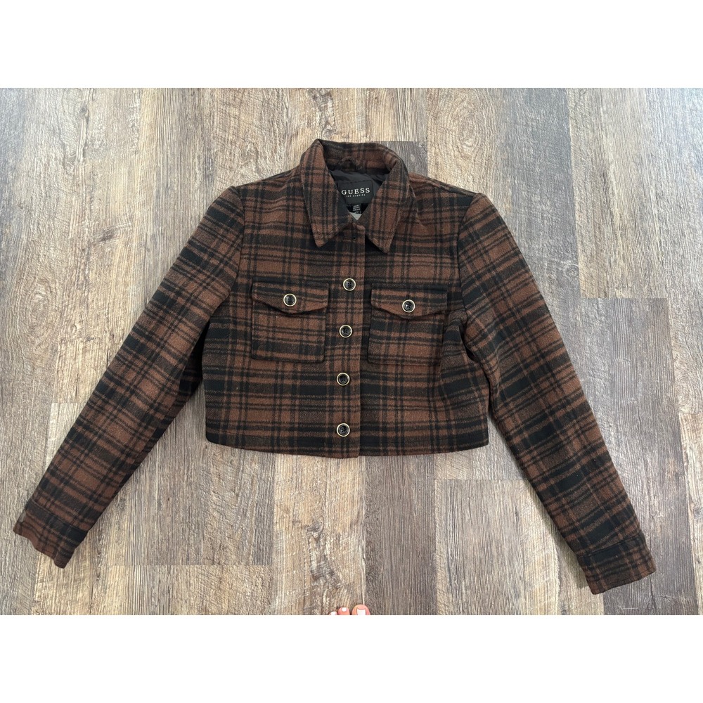 Guess Los Angeles Brown Plaid Cropped Jacket M Q60LA1 W1641